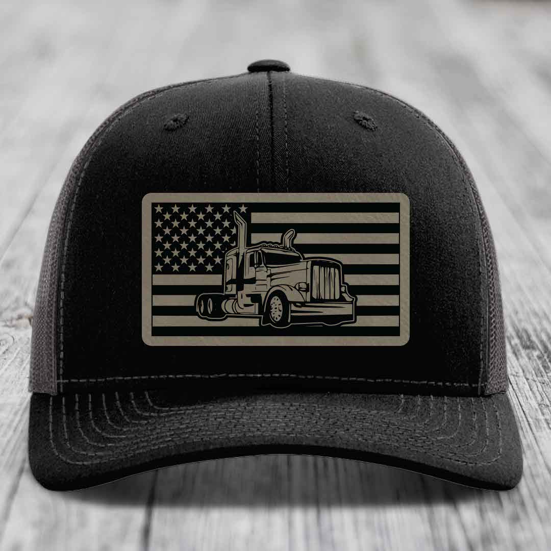 American Flag Peterbilt Truck - Leather Patch Hat - Light Brown to Black Patch - Richardson 112 Snapback Trucker Hat