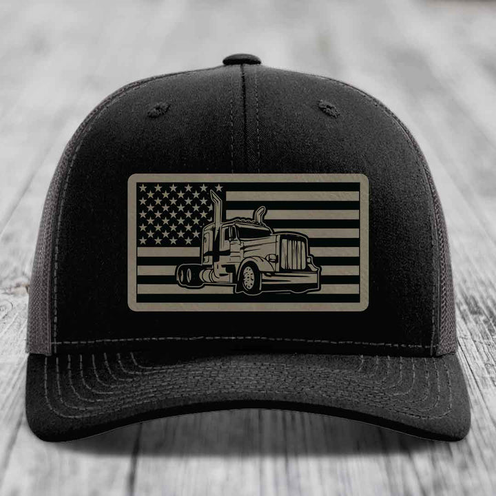 American Flag Peterbilt Truck - Leather Patch Hat - Light Brown to Black Patch - Richardson 112 Snapback Trucker Hat