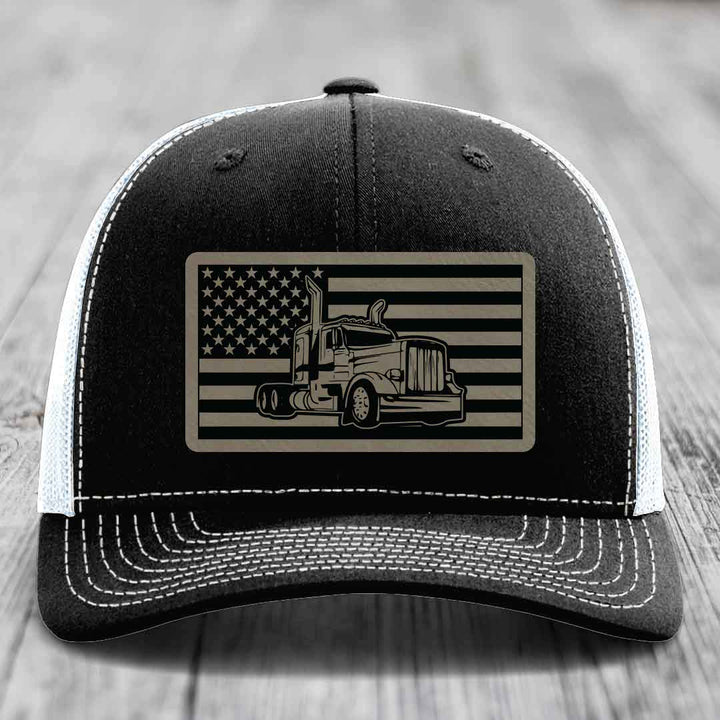 American Flag Peterbilt Truck - Leather Patch Hat - Light Brown to Black Patch - Richardson 112 Snapback Trucker Hat