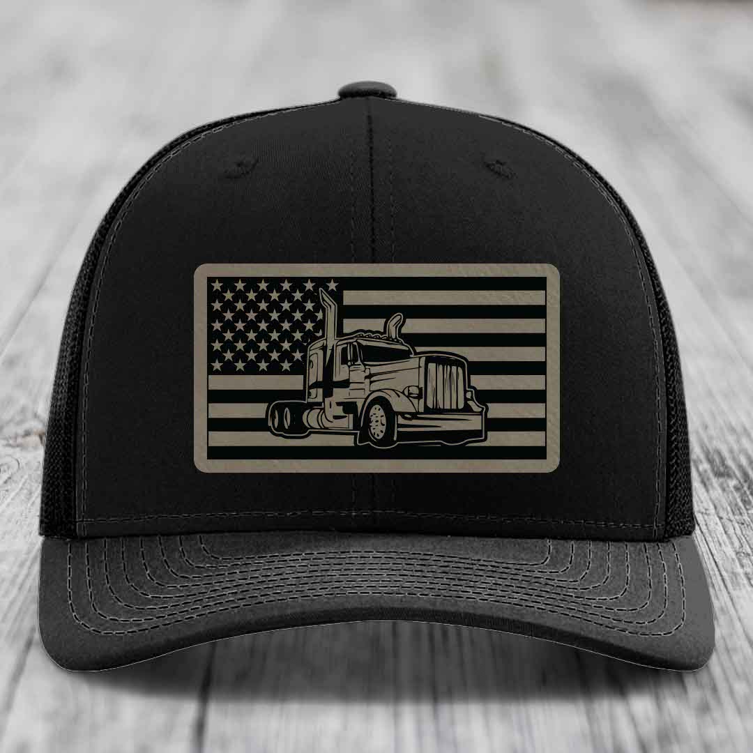 American Flag Peterbilt Truck - Leather Patch Hat - Light Brown to Black Patch - Richardson 112 Snapback Trucker Hat
