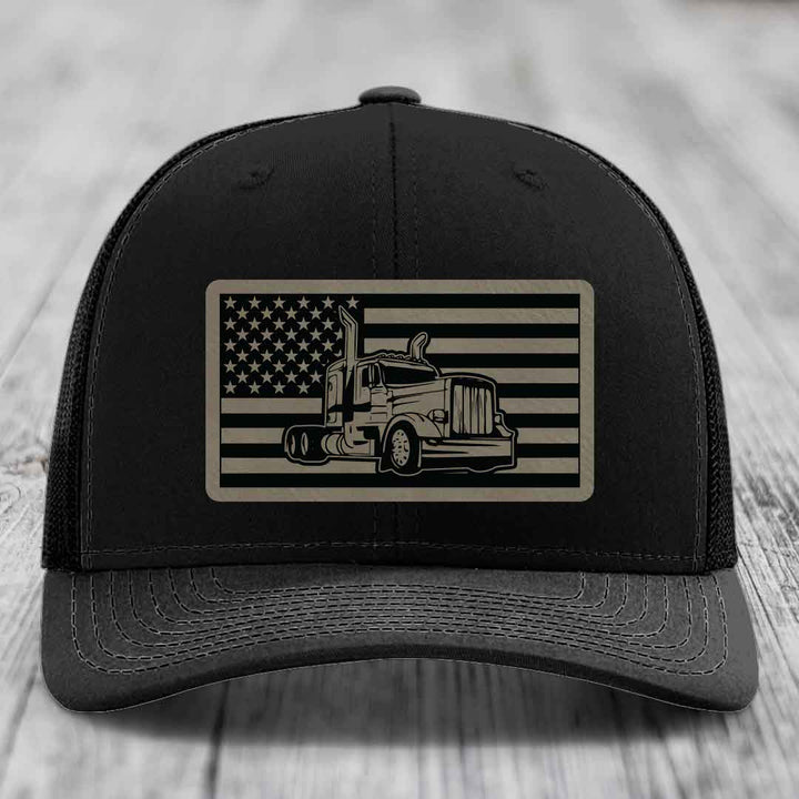 American Flag Peterbilt Truck - Leather Patch Hat - Light Brown to Black Patch - Richardson 112 Snapback Trucker Hat