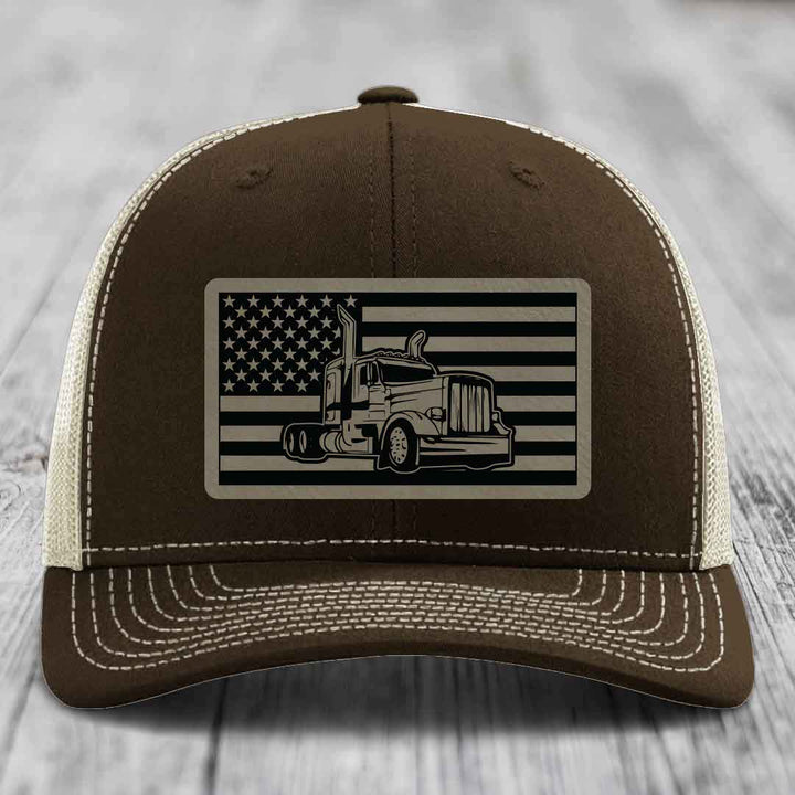American Flag Peterbilt Truck - Leather Patch Hat - Light Brown to Black Patch - Richardson 112 Snapback Trucker Hat