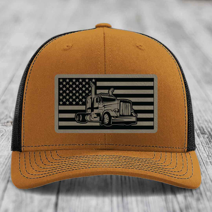 American Flag Peterbilt Truck - Leather Patch Hat - Light Brown to Black Patch - Richardson 112 Snapback Trucker Hat