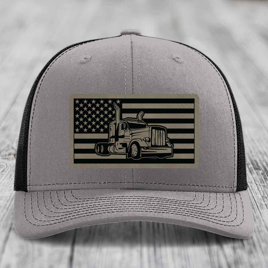 American Flag Peterbilt Truck - Leather Patch Hat - Light Brown to Black Patch - Richardson 112 Snapback Trucker Hat