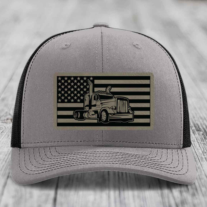 American Flag Peterbilt Truck - Leather Patch Hat - Light Brown to Black Patch - Richardson 112 Snapback Trucker Hat