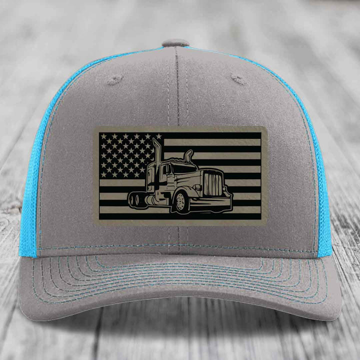 American Flag Peterbilt Truck - Leather Patch Hat - Light Brown to Black Patch - Richardson 112 Snapback Trucker Hat