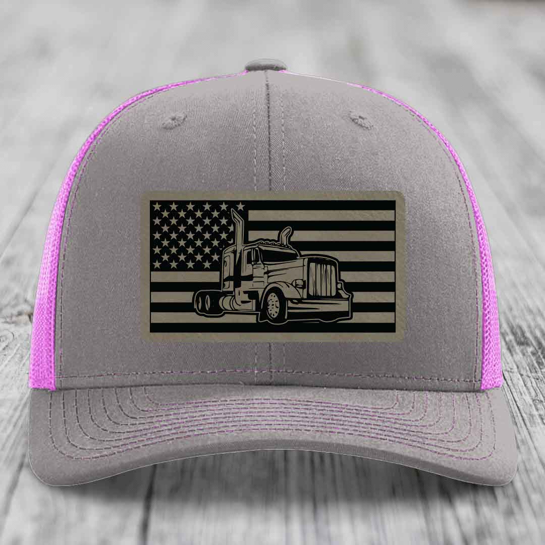 American Flag Peterbilt Truck - Leather Patch Hat - Light Brown to Black Patch - Richardson 112 Snapback Trucker Hat