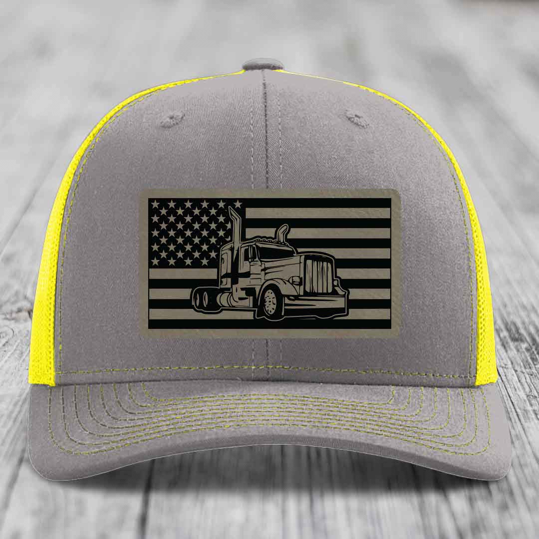 American Flag Peterbilt Truck - Leather Patch Hat - Light Brown to Black Patch - Richardson 112 Snapback Trucker Hat