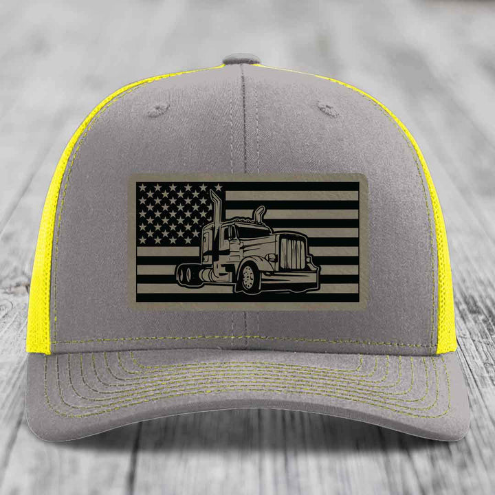 American Flag Peterbilt Truck - Leather Patch Hat - Light Brown to Black Patch - Richardson 112 Snapback Trucker Hat
