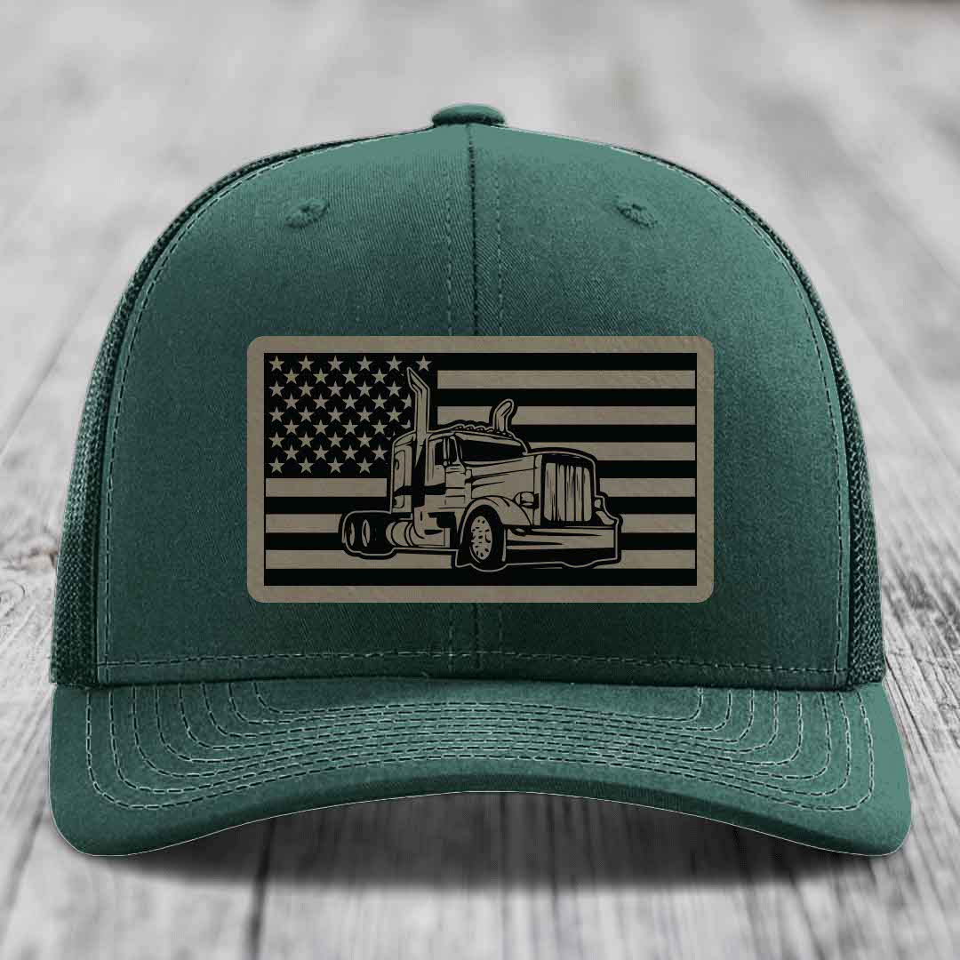 American Flag Peterbilt Truck - Leather Patch Hat - Light Brown to Black Patch - Richardson 112 Snapback Trucker Hat