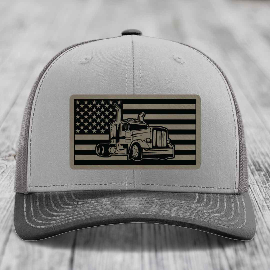 American Flag Peterbilt Truck - Leather Patch Hat - Light Brown to Black Patch - Richardson 112 Snapback Trucker Hat