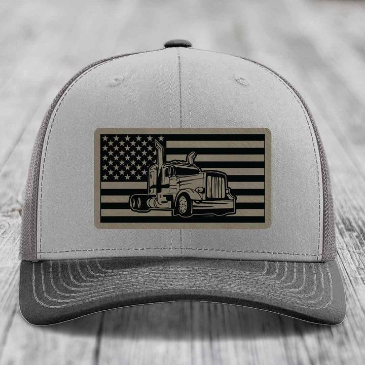 American Flag Peterbilt Truck - Leather Patch Hat - Light Brown to Black Patch - Richardson 112 Snapback Trucker Hat