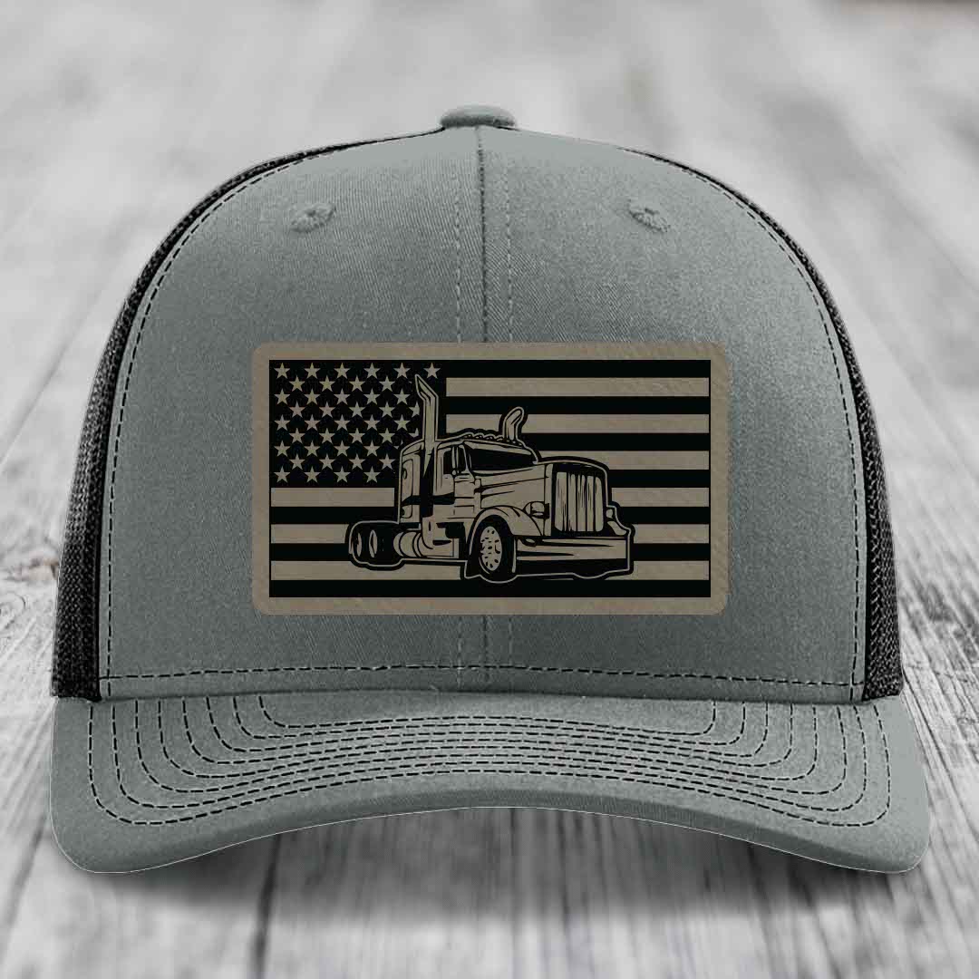 American Flag Peterbilt Truck - Leather Patch Hat - Light Brown to Black Patch - Richardson 112 Snapback Trucker Hat