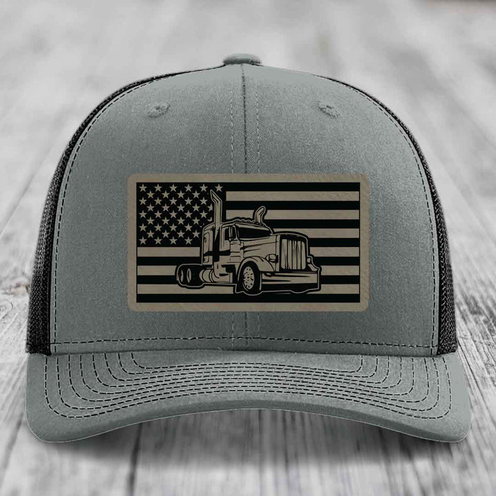 American Flag Peterbilt Truck - Leather Patch Hat - Light Brown to Black Patch - Richardson 112 Snapback Trucker Hat