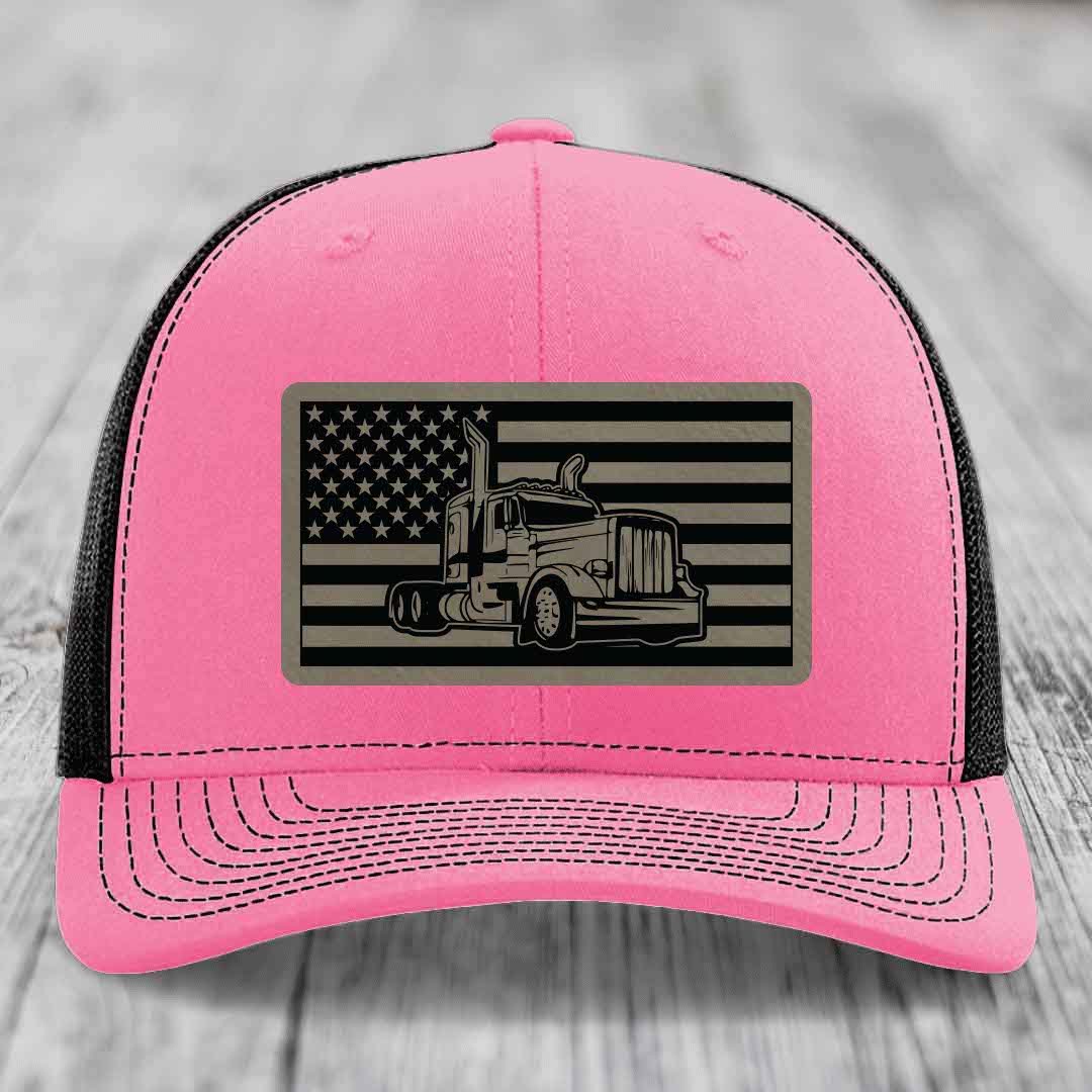 American Flag Peterbilt Truck - Leather Patch Hat - Light Brown to Black Patch - Richardson 112 Snapback Trucker Hat