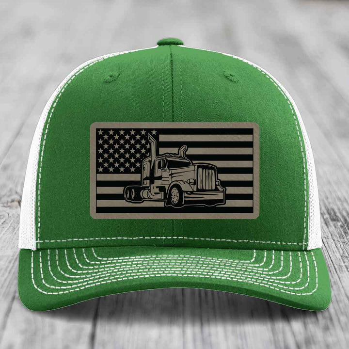 American Flag Peterbilt Truck - Leather Patch Hat - Light Brown to Black Patch - Richardson 112 Snapback Trucker Hat