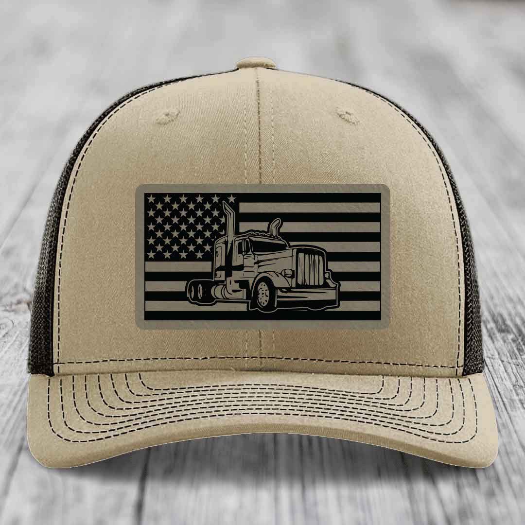 American Flag Peterbilt Truck - Leather Patch Hat - Light Brown to Black Patch - Richardson 112 Snapback Trucker Hat