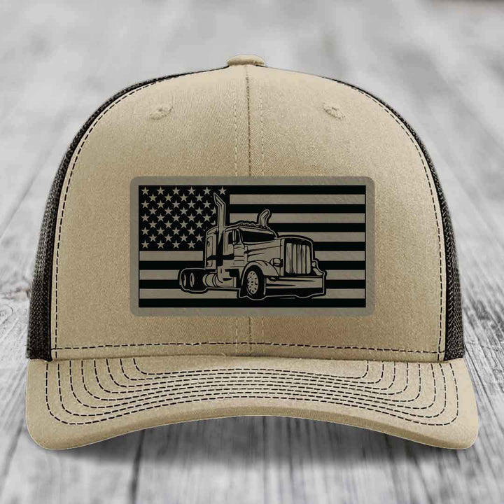 American Flag Peterbilt Truck - Leather Patch Hat - Light Brown to Black Patch - Richardson 112 Snapback Trucker Hat