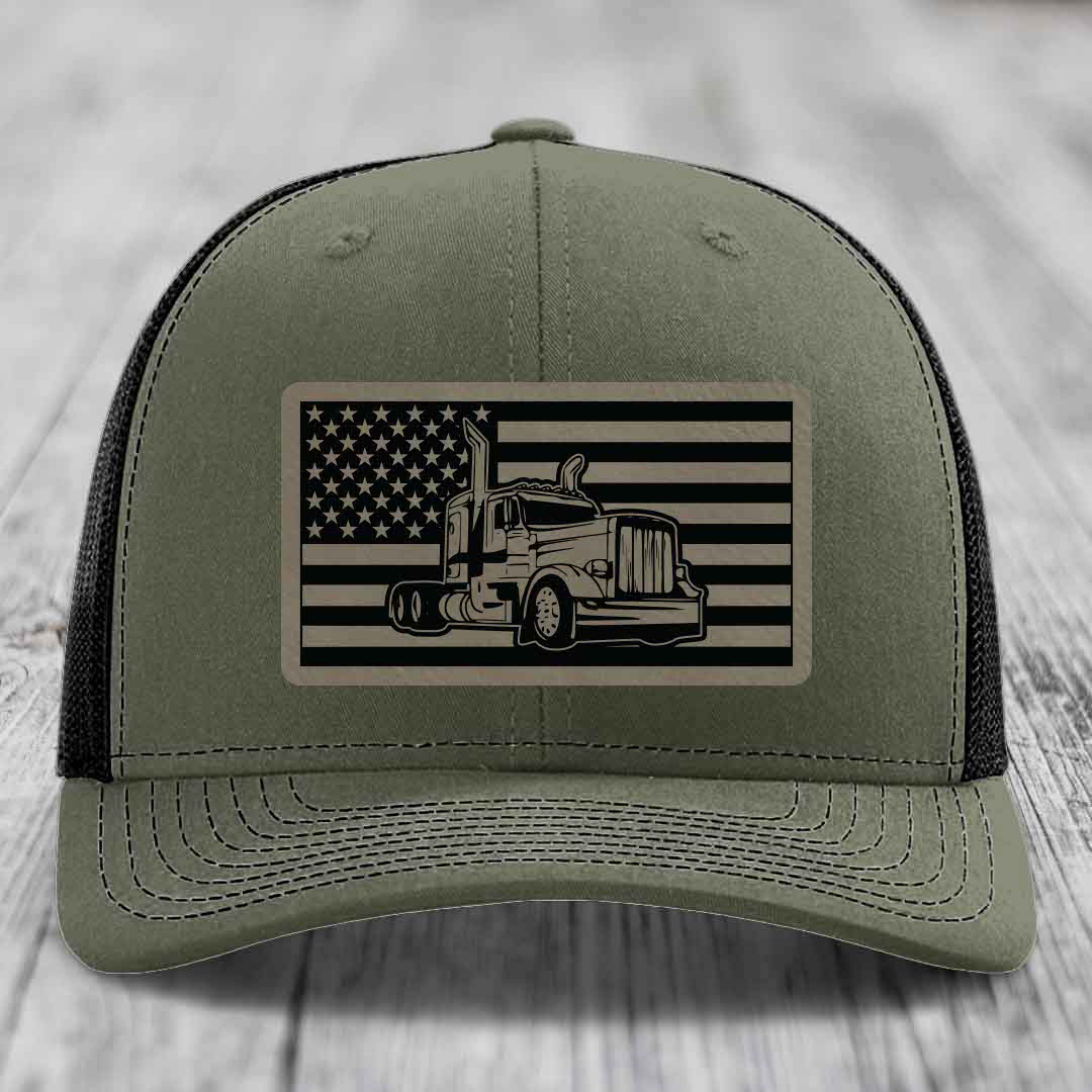 American Flag Peterbilt Truck - Leather Patch Hat - Light Brown to Black Patch - Richardson 112 Snapback Trucker Hat