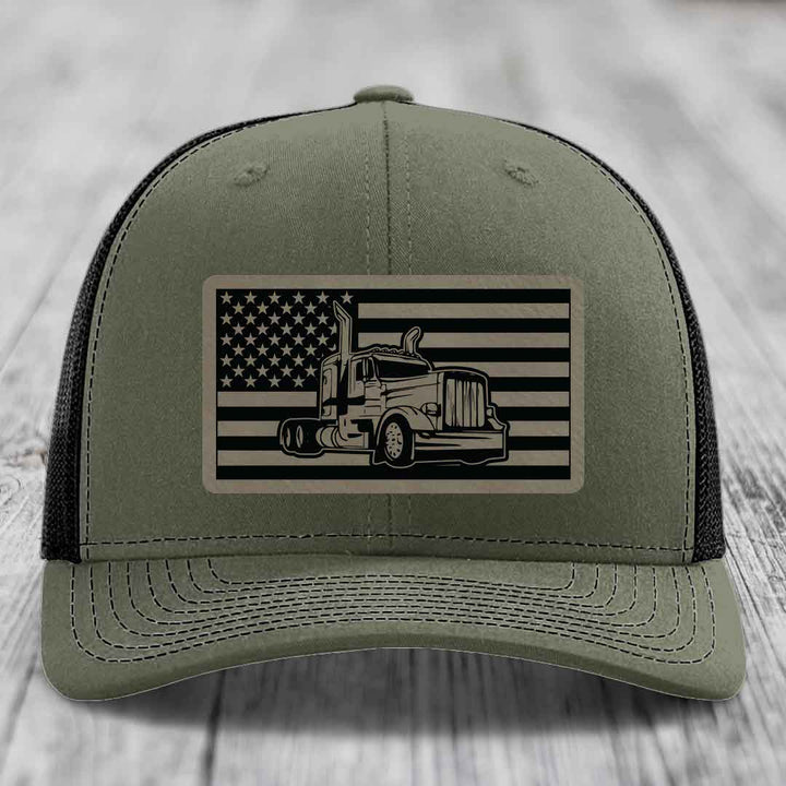 American Flag Peterbilt Truck - Leather Patch Hat - Light Brown to Black Patch - Richardson 112 Snapback Trucker Hat