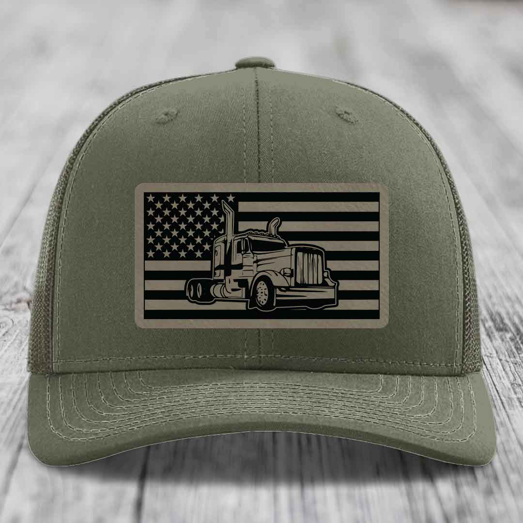 American Flag Peterbilt Truck - Leather Patch Hat - Light Brown to Black Patch - Richardson 112 Snapback Trucker Hat