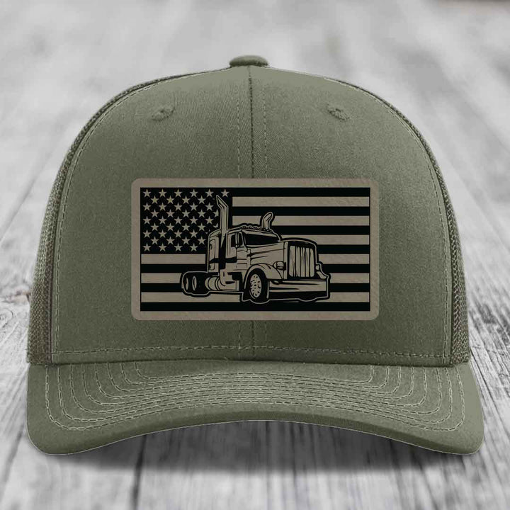American Flag Peterbilt Truck - Leather Patch Hat - Light Brown to Black Patch - Richardson 112 Snapback Trucker Hat