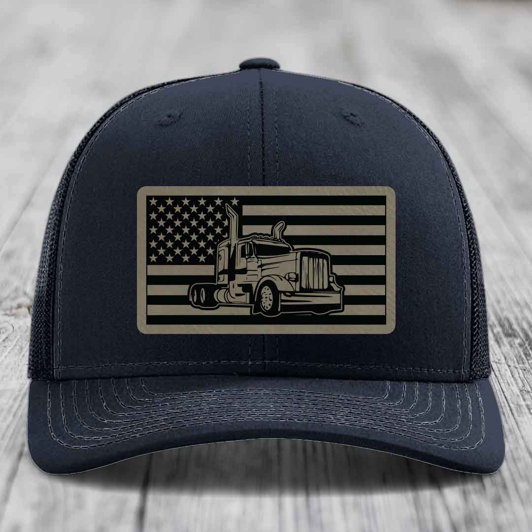American Flag Peterbilt Truck - Leather Patch Hat - Light Brown to Black Patch - Richardson 112 Snapback Trucker Hat