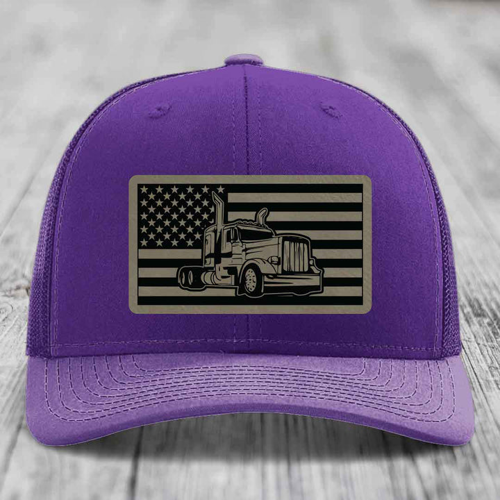 American Flag Peterbilt Truck - Leather Patch Hat - Light Brown to Black Patch - Richardson 112 Snapback Trucker Hat