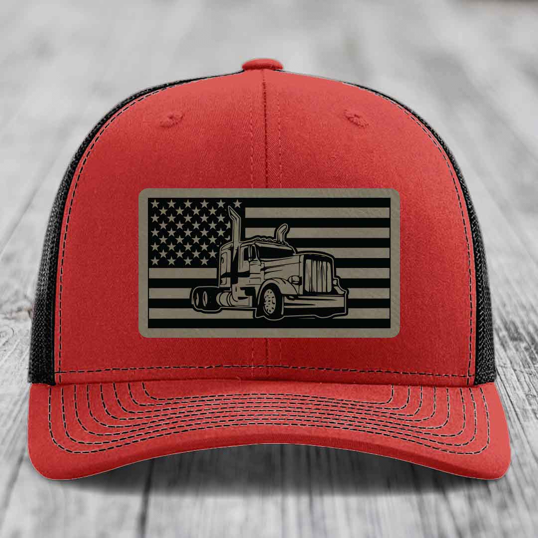 American Flag Peterbilt Truck - Leather Patch Hat - Light Brown to Black Patch - Richardson 112 Snapback Trucker Hat