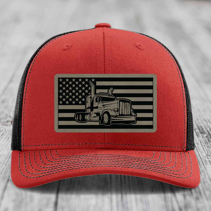 American Flag Peterbilt Truck - Leather Patch Hat - Light Brown to Black Patch - Richardson 112 Snapback Trucker Hat