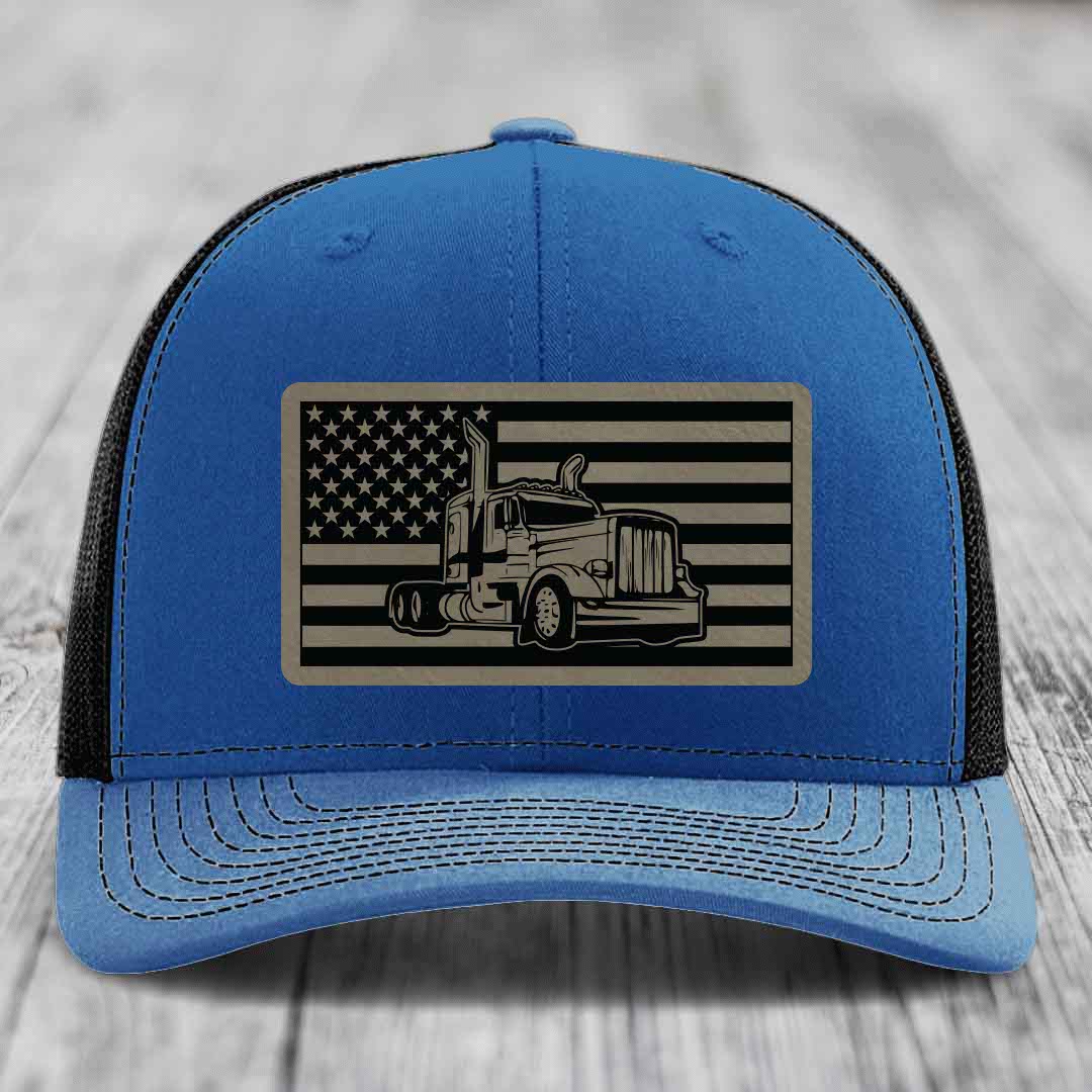 American Flag Peterbilt Truck - Leather Patch Hat - Light Brown to Black Patch - Richardson 112 Snapback Trucker Hat