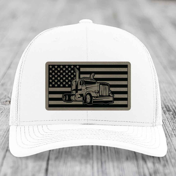 American Flag Peterbilt Truck - Leather Patch Hat - Light Brown to Black Patch - Richardson 112 Snapback Trucker Hat