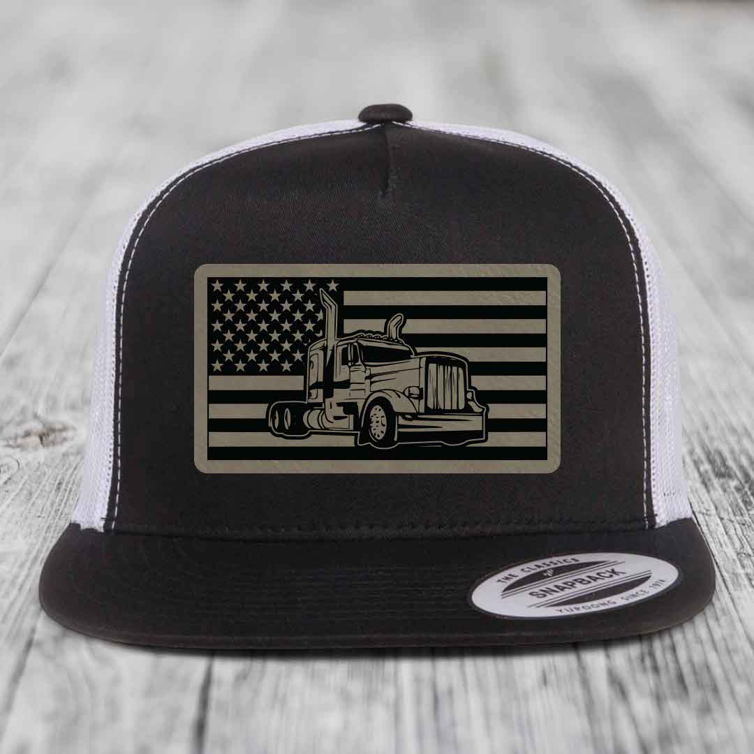 American Flag Peterbilt Truck - Leather Patch Hat - Light Brown to Black Patch - Yupoong 6006 Snapback Flatbill Hat