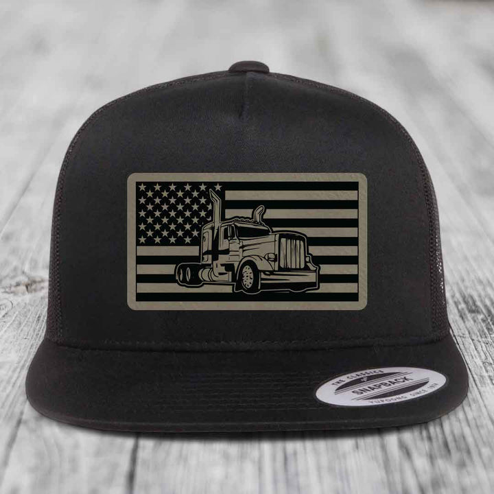 American Flag Peterbilt Truck - Leather Patch Hat - Light Brown to Black Patch - Yupoong 6006 Snapback Flatbill Hat