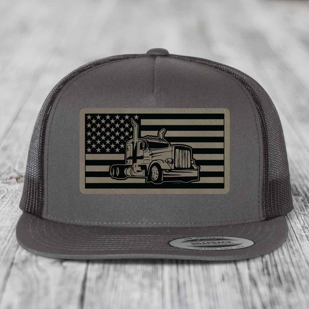 American Flag Peterbilt Truck - Leather Patch Hat - Light Brown to Black Patch - Yupoong 6006 Snapback Flatbill Hat