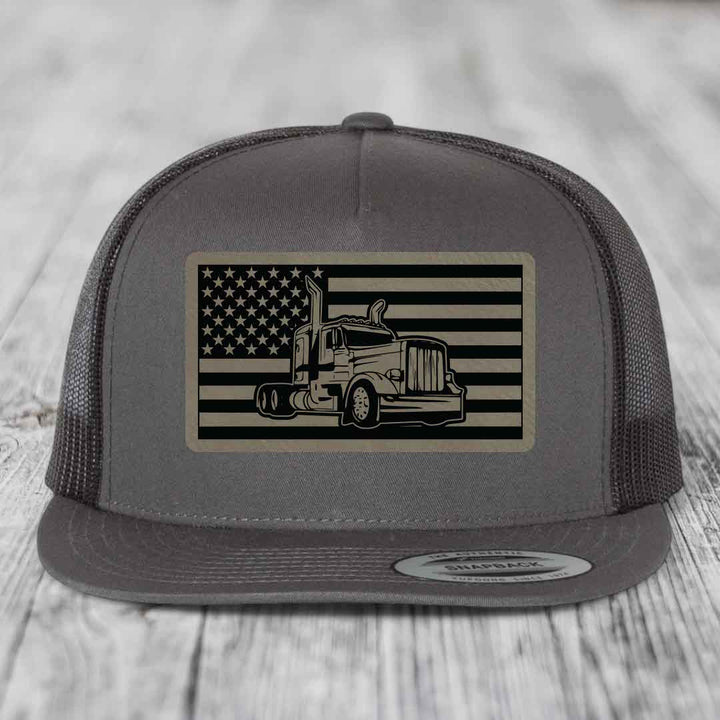 American Flag Peterbilt Truck - Leather Patch Hat - Light Brown to Black Patch - Yupoong 6006 Snapback Flatbill Hat