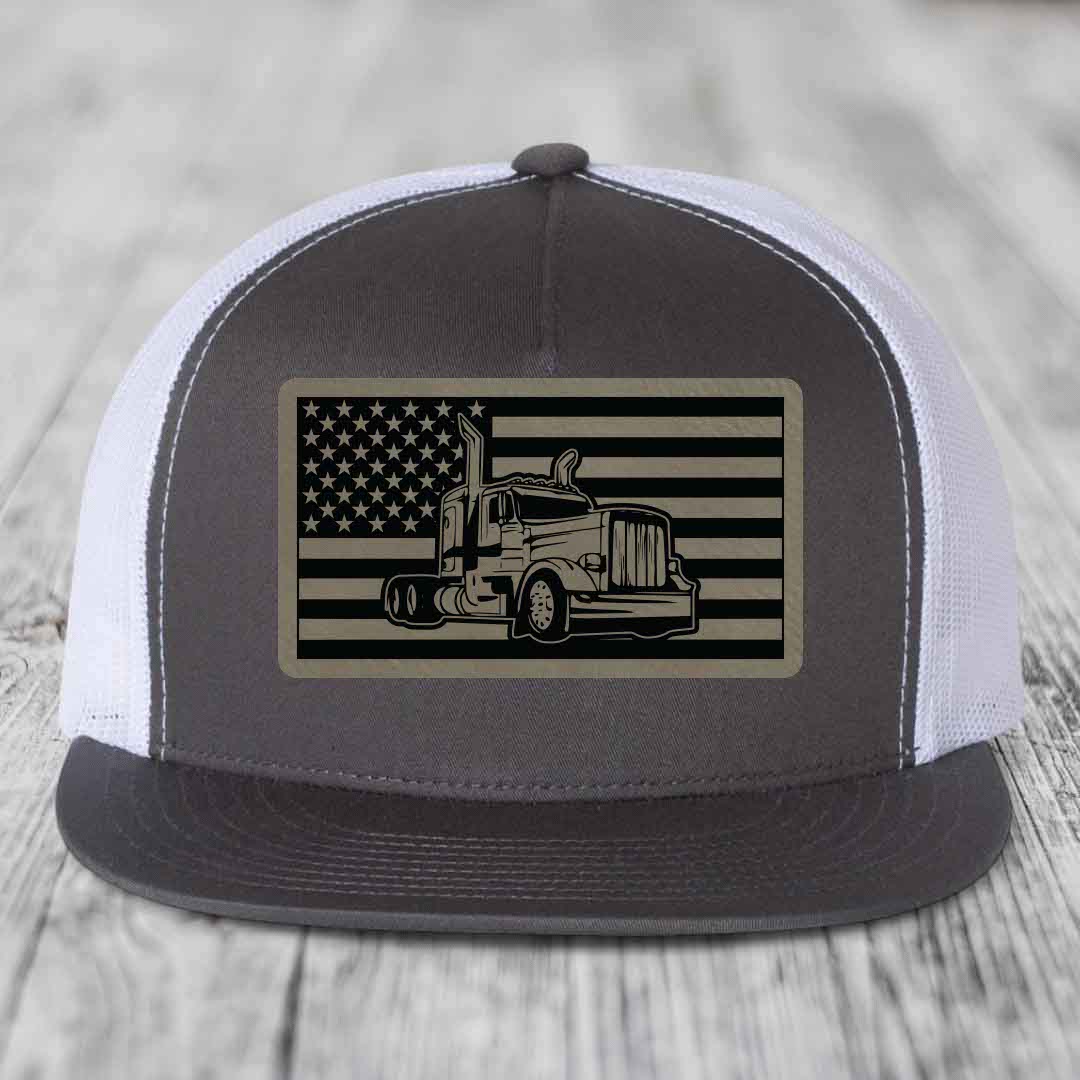 American Flag Peterbilt Truck - Leather Patch Hat - Light Brown to Black Patch - Yupoong 6006 Snapback Flatbill Hat