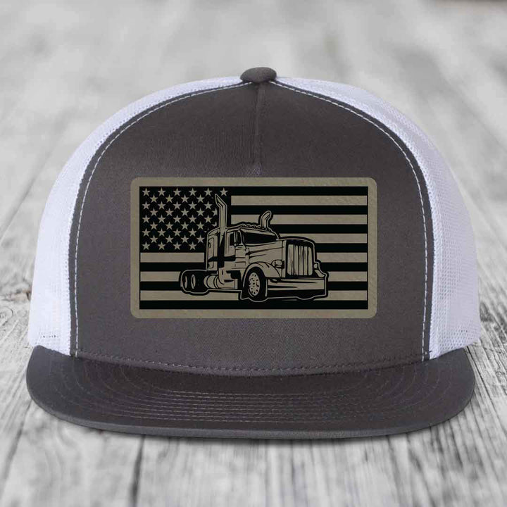 American Flag Peterbilt Truck - Leather Patch Hat - Light Brown to Black Patch - Yupoong 6006 Snapback Flatbill Hat