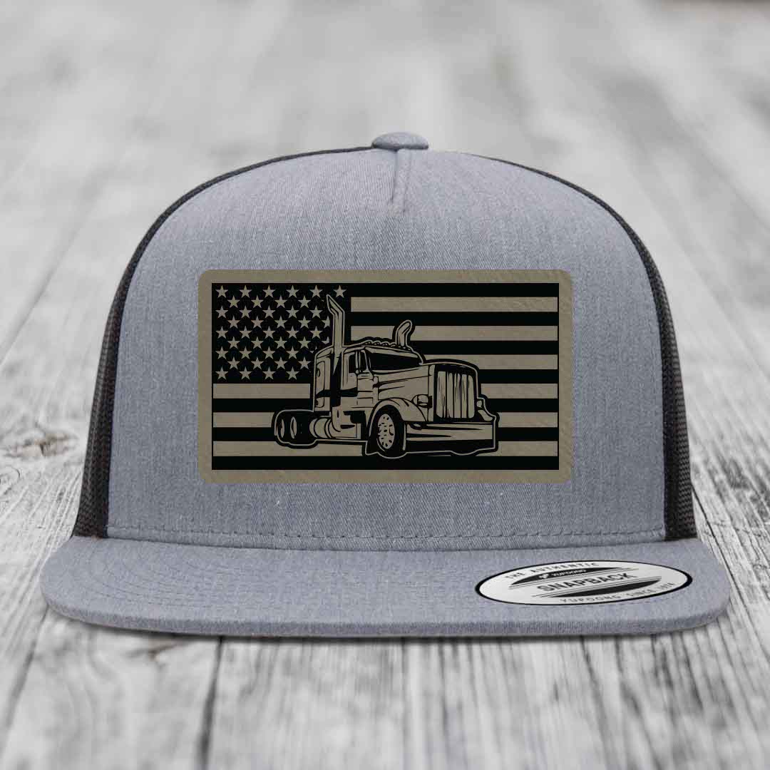 American Flag Peterbilt Truck - Leather Patch Hat - Light Brown to Black Patch - Yupoong 6006 Snapback Flatbill Hat