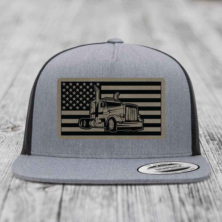 American Flag Peterbilt Truck - Leather Patch Hat - Light Brown to Black Patch - Yupoong 6006 Snapback Flatbill Hat