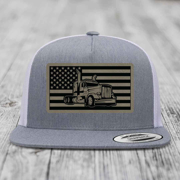 American Flag Peterbilt Truck - Leather Patch Hat - Light Brown to Black Patch - Yupoong 6006 Snapback Flatbill Hat
