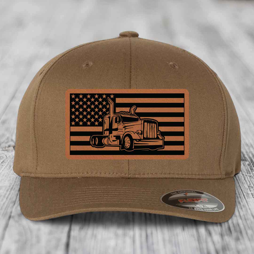 American Flag Peterbilt Truck - Leather Patch Hat - Rawhide to Black Patch - Flexfit 6277 Fitted Hat