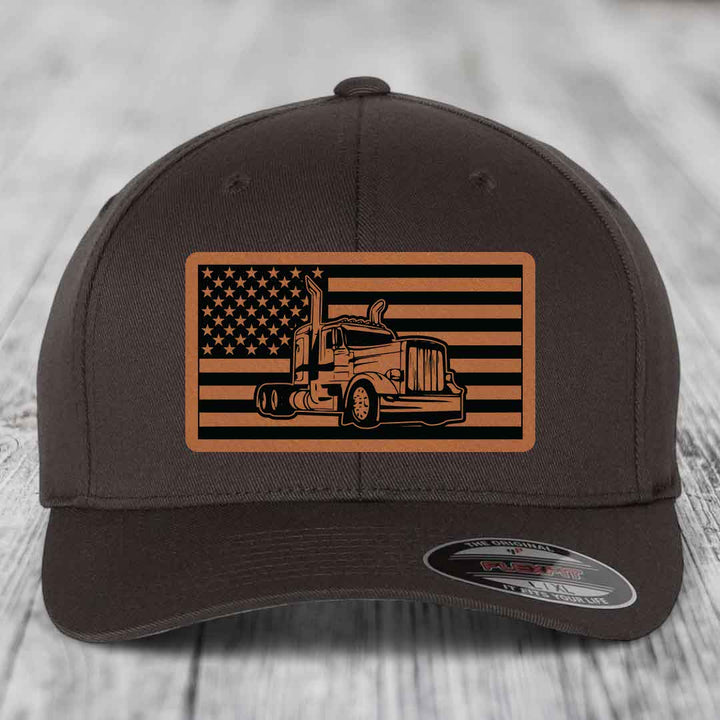 American Flag Peterbilt Truck - Leather Patch Hat - Rawhide to Black Patch - Flexfit 6277 Fitted Hat