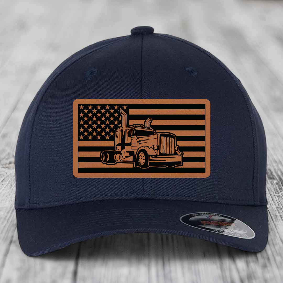 American Flag Peterbilt Truck - Leather Patch Hat - Rawhide to Black Patch - Flexfit 6277 Fitted Hat