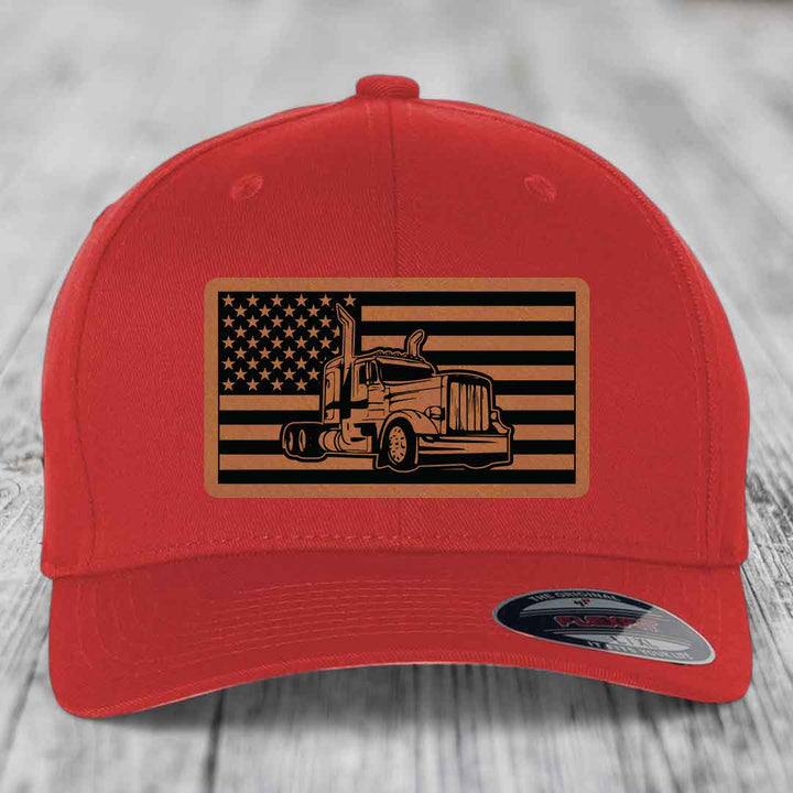 American Flag Peterbilt Truck - Leather Patch Hat - Rawhide to Black Patch - Flexfit 6277 Fitted Hat