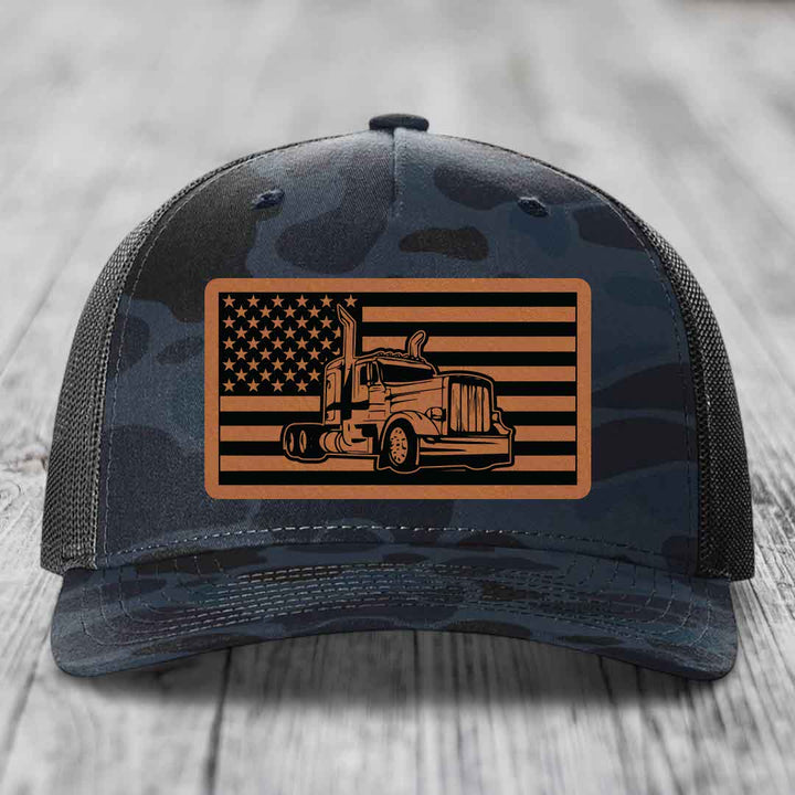 American Flag Peterbilt Truck - Leather Patch Hat - Rawhide to Black Patch - Richardson 112PFP Snapback Trucker Hat