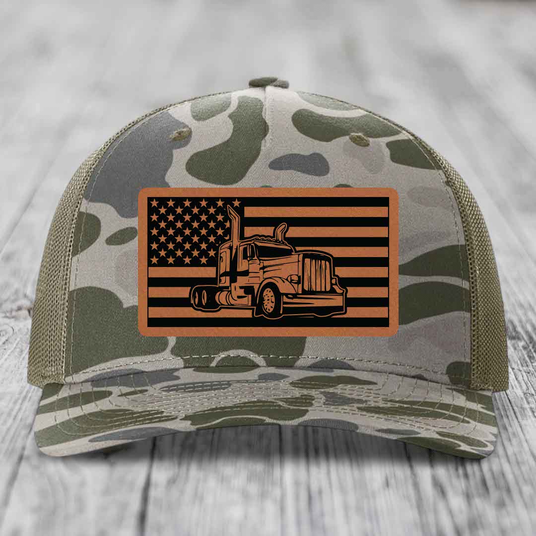 American Flag Peterbilt Truck - Leather Patch Hat - Rawhide to Black Patch - Richardson 112PFP Snapback Trucker Hat
