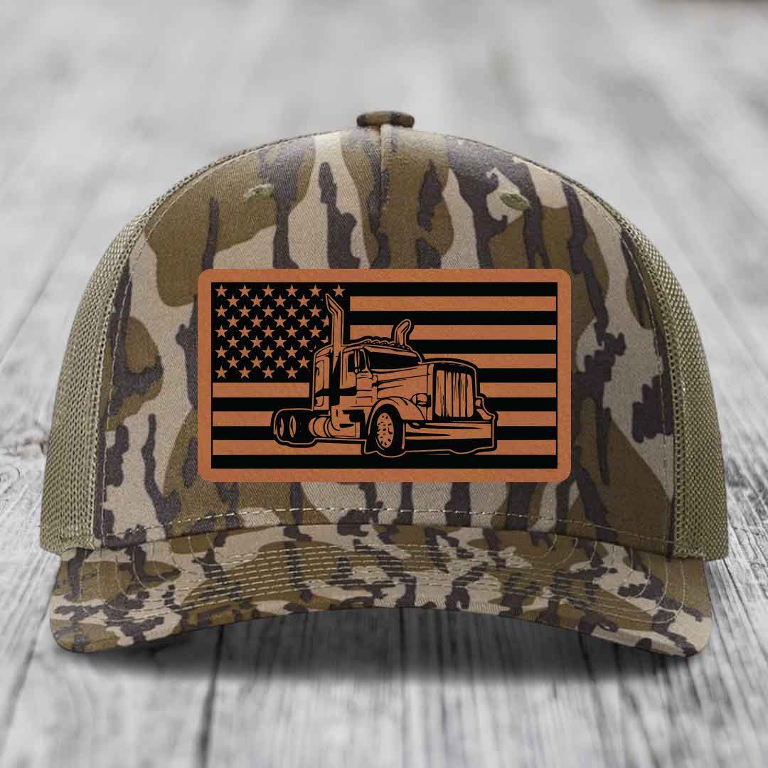 American Flag Peterbilt Truck - Leather Patch Hat - Rawhide to Black Patch - Richardson 112PFP Snapback Trucker Hat