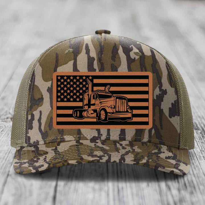 American Flag Peterbilt Truck - Leather Patch Hat - Rawhide to Black Patch - Richardson 112PFP Snapback Trucker Hat