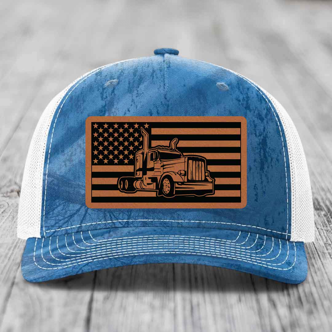 American Flag Peterbilt Truck - Leather Patch Hat - Rawhide to Black Patch - Richardson 112PFP Snapback Trucker Hat